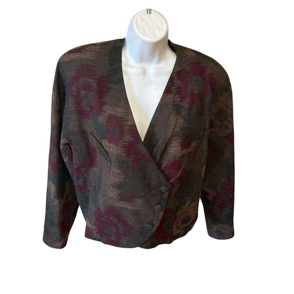 Vtg MICHII MOON Tweed Cropped Blazer Brn Burgundy Double Breasted 12 Womens